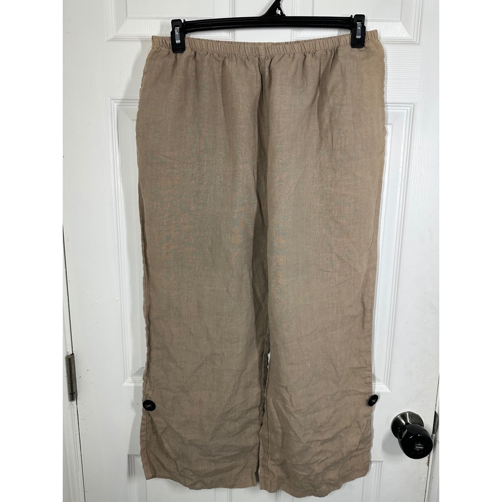 Habitat Pants Womens XL Tan Linen Wide Leg Button Hem 4862 Coastal Casual